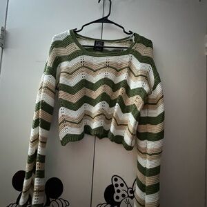 Green and Cream Striped Crop Top